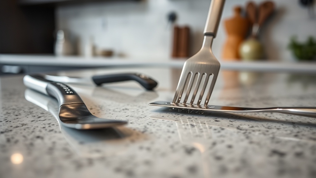 주방 조리대 위에서 조리 도구로 인한 스크래치 내성을 테스트하는 근접 촬영 장면