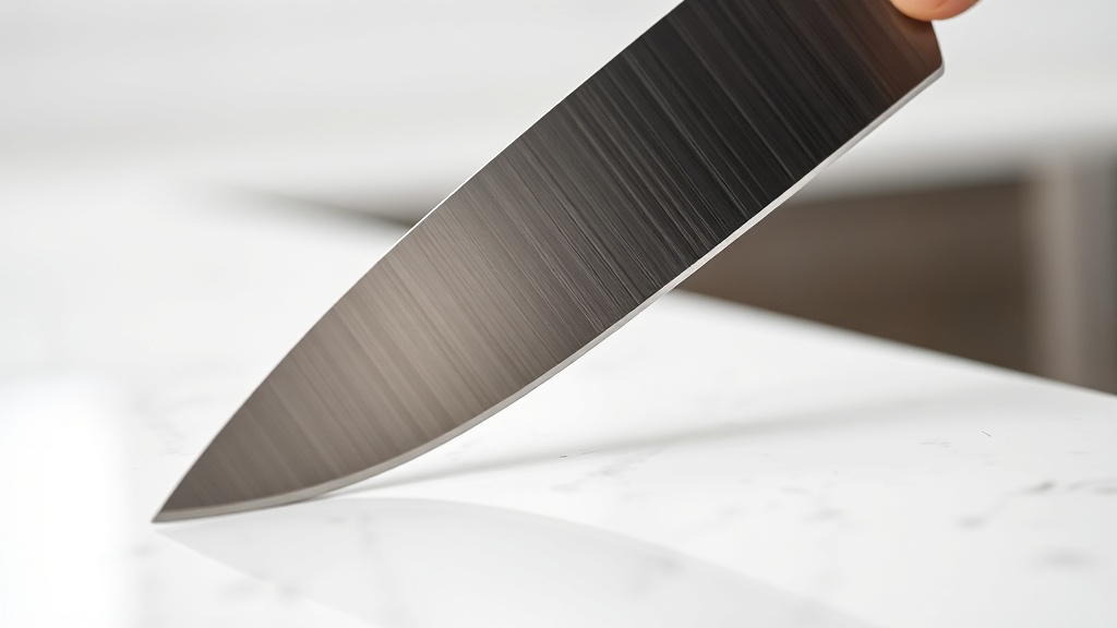 주방용 칼과 날카로운 도구를 사용하여 조리대 표면의 스크래치 발생 여부를 테스트하는 모습