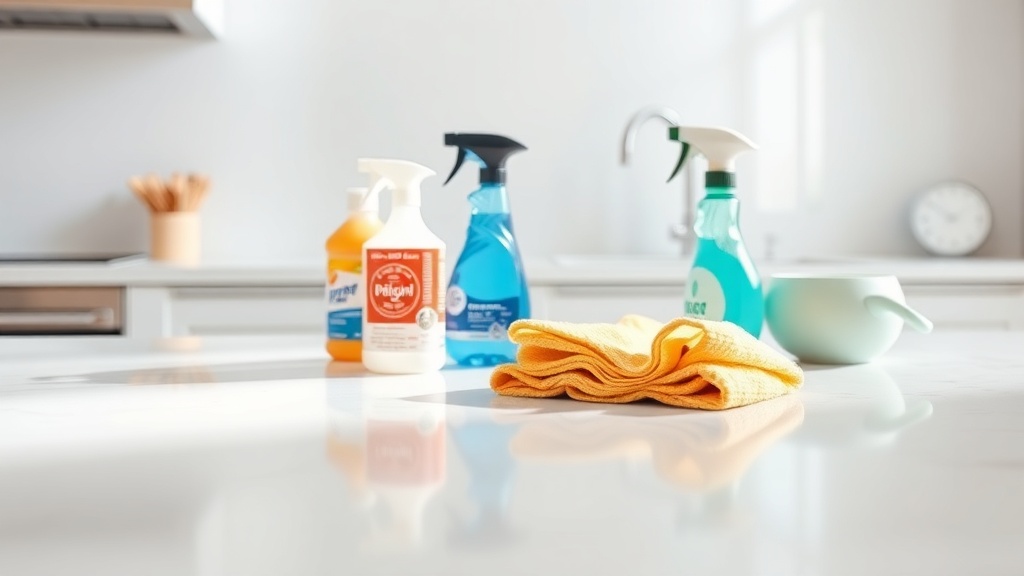 깨끗하게 관리된 현대적인 주방 석영 조리대와 관리 도구들이 놓여 있는 모습