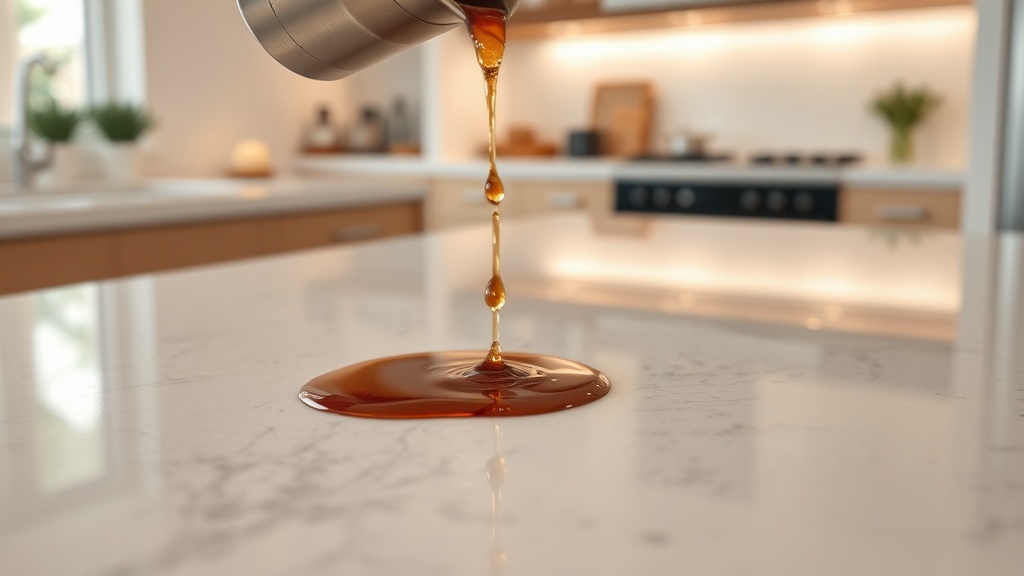 주방 조리대 위에 흘려진 커피 액체가 흡수되지 않고 맺혀 있는 모습과 이를 닦아내는 청결한 관리 장면