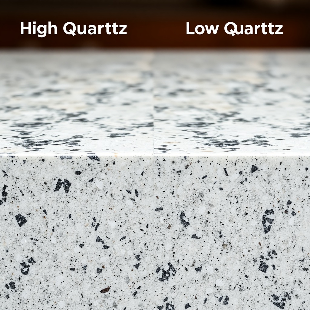석영 함량이 높은 쿼츠 상판과 낮은 상판의 표면 질감 및 입자 밀도를 비교하여 보여주는 근접 촬영 이미지