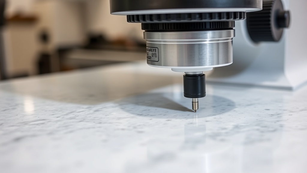 실험실 환경에서 쿼츠 상판 샘플의 표면 경도와 내구성을 전문 장비로 측정하는 장면